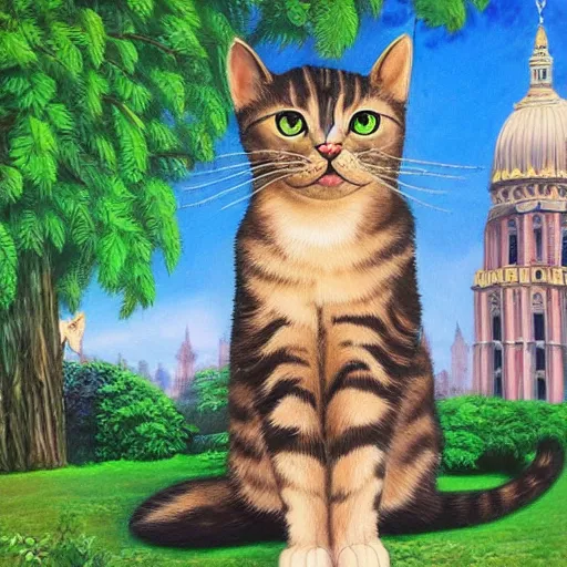 Prompt: cat in a beautiful city of the future in harmony with nature. Beautiful detailed painting by Lurid. (2022)