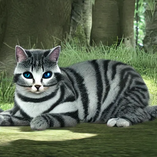 Image similar to wounded grey striped cat lying on the ground in a warrior cats forest, unreal engine