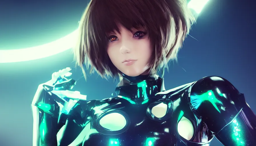 Image similar to render beautiful 3 d anime woman with short brown hair, heterochromia, blue eye and green eye, sci fi glowing bodysuit with mechanical boots, heavy makeup, short smile, cinematic lightning, highly detailed, trending on artstation, unreal engine 4 k, cinematic wallpaper