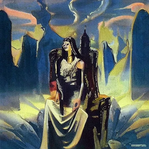 Image similar to an oil painting of a queen in a thierry mugler dress sitting on a throne, by bruce pennington, by ( ( ( eyvind earle ) ) ), nicholas roerich!!, by frank frazetta, by georgia o keeffe, by dean cornwell!!!, eerie, ominous, baghdad, oriental