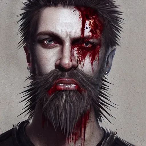 Prompt: portrait painting of a sneering biker with pale skin and spiky hair and a patchy beard and blood stains on his mouth, sharp focus, ultra realistic, concept art, intricate details, eerie, highly detailed, photorealistic, octane render, 8 k, unreal engine. art by artgerm and charlie bowater and greg rutkowski