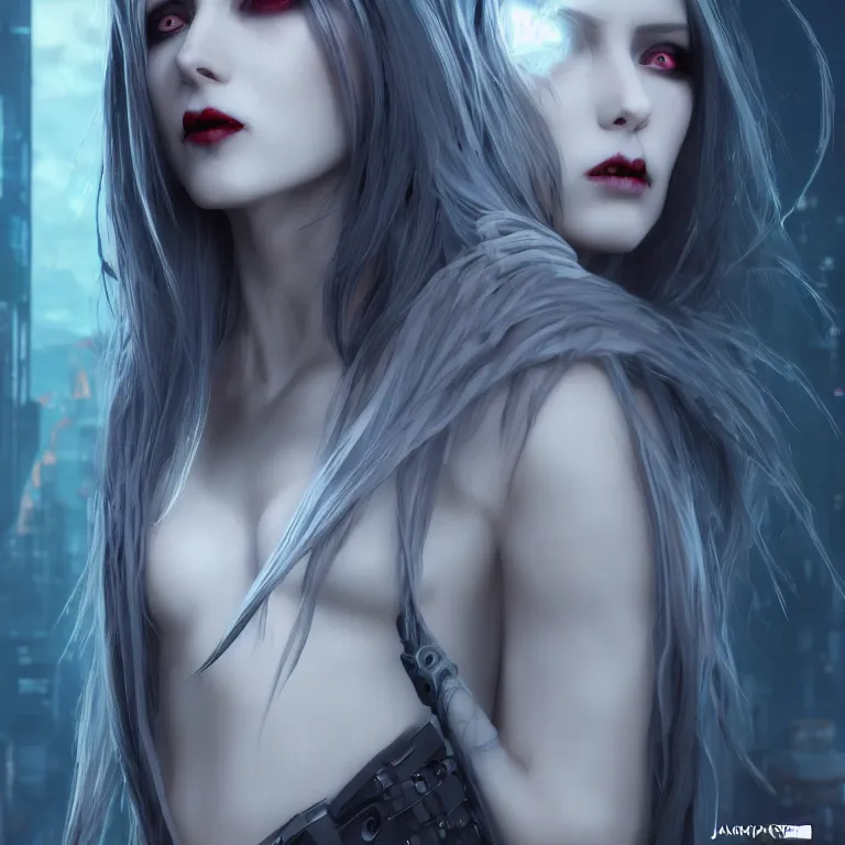 Image similar to cyberpunk female vampire, with brilliant silver flowing hair, concept art by jama jurabaev, cinematic shot, trending on artstation, hybrid from the elden ring and art direction by darius zawadzki ; by artgerm ; wayne reynolds art station ; cinematic quality character render ; low angle ; ultra high quality model ; production quality cinema model