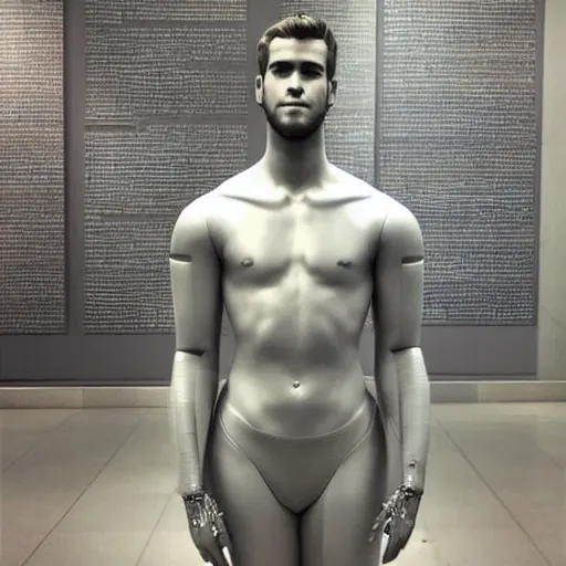 Image similar to “a realistic detailed photo of a guy who is an attractive humanoid who is half robot and half humanoid, who is a male android, actor Liam Hemsworth, shiny skin, posing like a statue, blank stare, at the museum, on display”