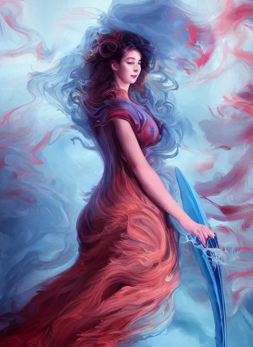 Image similar to a painting of a woman who made of curly and transparent feathers cloud with red edges is holding a sword, a digital painting by charlie bowater, made of many translucent layers of blue, metaphysical painting, speedpainting, digital painting, holographic undertones, highly saturated colors, 4 k, digital art, concept art, trending on artstation