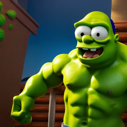 Prompt: spongebob hulk homer shrek scooby doo alien godzilla, highly detailed, extremely high quality, hd, 4 k, 8 k, professional photographer, 4 0 mp, lifelike, top - rated, award winning, cinematic, realistic, detailed lighting, detailed shadows, sharp, no blur, edited, corrected, trending