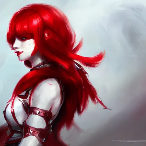 Image similar to a girl with red hair wearing red and white armor dress, white dress, arcane artwork, league of legends concept art, wallpaper