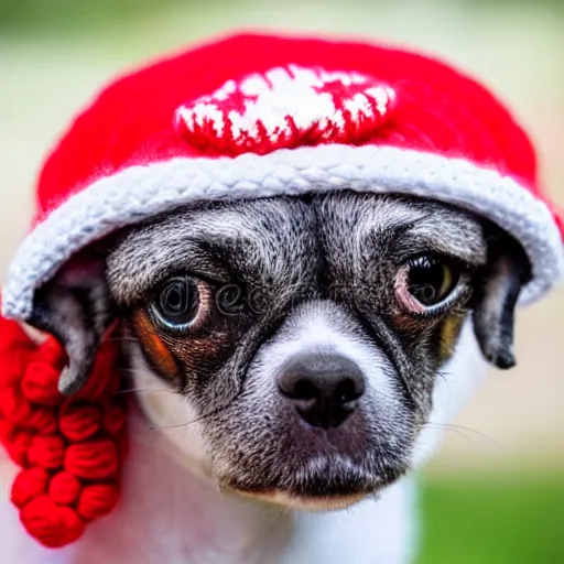 Image similar to a small dog wearing a red and white knitted hat, a stock photo by master of the bambino vispo, shutterstock contest winner, rasquache, stock photo, made of beads and yarn, stockphoto