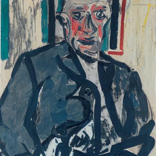 Image similar to painting of a man sitting on a chair and staring at you, by georg baselitz