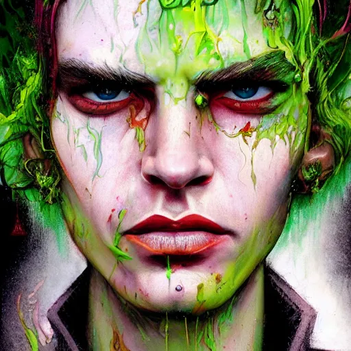 Image similar to a Demon Slayer portrait of Jamie Savile, tall, pale-skinned, slender with lime green eyes and long eyelashes by Stanley Artgerm, Tom Bagshaw, Arthur Adams, Carne Griffiths, trending on Deviant Art, street art, face enhance, chillwave, maximalist, full of color, glittering
