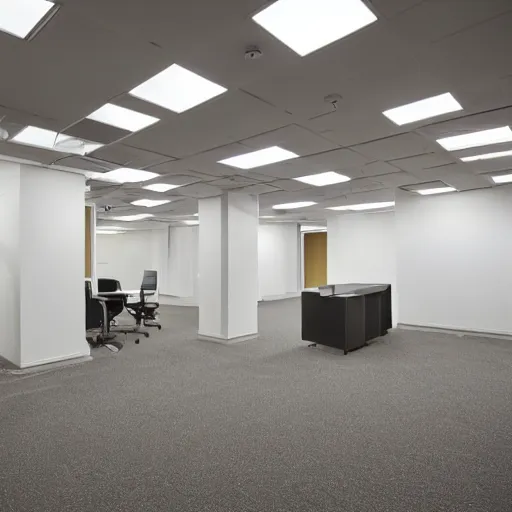 Image similar to the backrooms : an endless maze of randomly generated office rooms and other environments. it is characterized by the smell of moist carpet, walls with a monochromatic tone of dirty off - white, 1 9 8 0's style carpeted walls and buzzing fluorescent lights