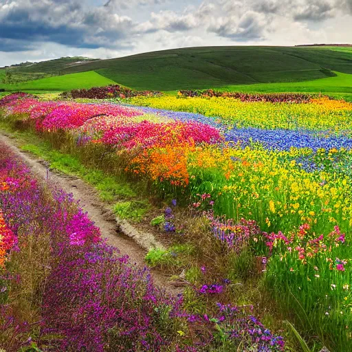 Image similar to photograph of a farm of colourful wildflowers, spring season, atmospheric