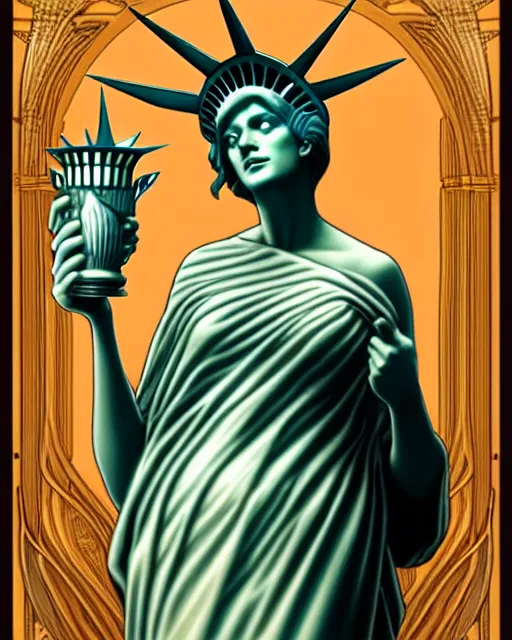 Prompt: Beautiful and playful lady liberty portrait, art nouveau, fantasy, holding a vase by Rene Lalique , elegant, highly detailed, sharp focus, art by Artgerm and Greg Rutkowski and WLOP