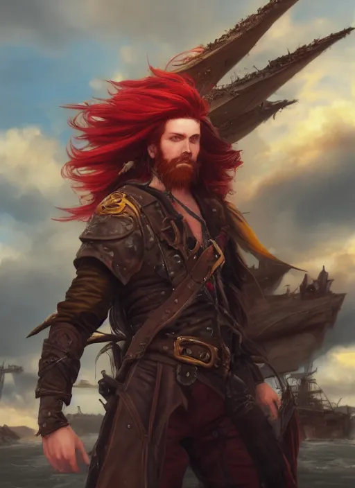 Image similar to an epic fantasy comic book style portrait painting of a long haired, red headed male sky - pirate in front of an airship, krenz cushart, unreal 5, daz, hyperrealistic, octane render, cosplay, rpg portrait, dynamic lighting