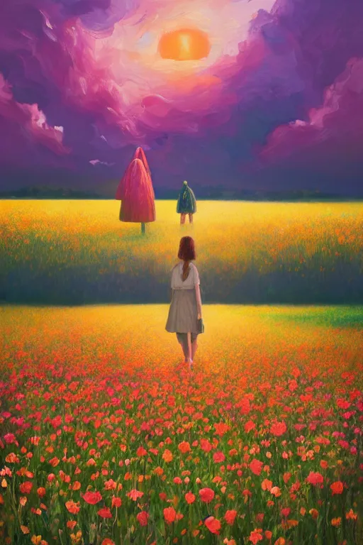 Image similar to giant flower head, girl walking in a flower field, surreal photography, sunrise, dramatic light, impressionist painting, colorful clouds, digital painting, artstation, simon stalenhag