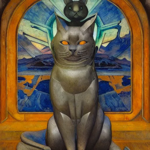 Image similar to sculpture of a cat in a spacesuit, by annie swynnerton and diego rivera and nicholas roerich and jean delville, symbolist, dramatic lighting, god rays, art brut, rich colors, smooth, sharp focus, extremely detailed, adolf wolfli, by janet fish and ( donato giancola and bilibin )