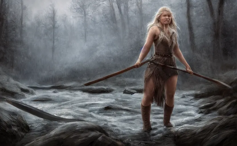 Image similar to epic portrait an female viking washing off her axe in a river, blizzardy winter, foggy, forest and river backround, flowing blonde hair, digital painting, artstation, concept art, soft light, hdri, smooth, sharp focus, illustration, fantasy, intricate, elegant, highly detailed, D&D, matte painting, in the style of Greg Rutkowski and Alphonse Mucha and artemisia, 8k, highly detailed, jurgens, rutkowski, bouguereau, pastoral, rustic, georgic, detailed concept art, illustration, colorful pastel, painting, detail, ultra detailed, digital art, 4K, unreal engine 5, 16k resolution,