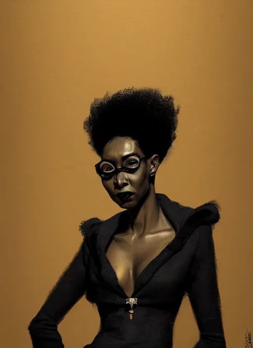 Image similar to portrait of a black woman with a crooked nose and a confident expression, 1 9 6 0 s, black clothes, goth, punk, funk, intricate, elegant, highly detailed, digital painting, artstation, concept art, smooth, sharp focus, illustration, art by wlop, mars ravelo and greg rutkowski