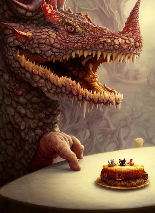 Image similar to highly detailed closeup portrait of a fairytale dragon eating cakes, unreal engine, nicoletta ceccoli, mark ryden, earl norem, lostfish, hyung tae, frank frazetta, global illumination, detailed and intricate environment