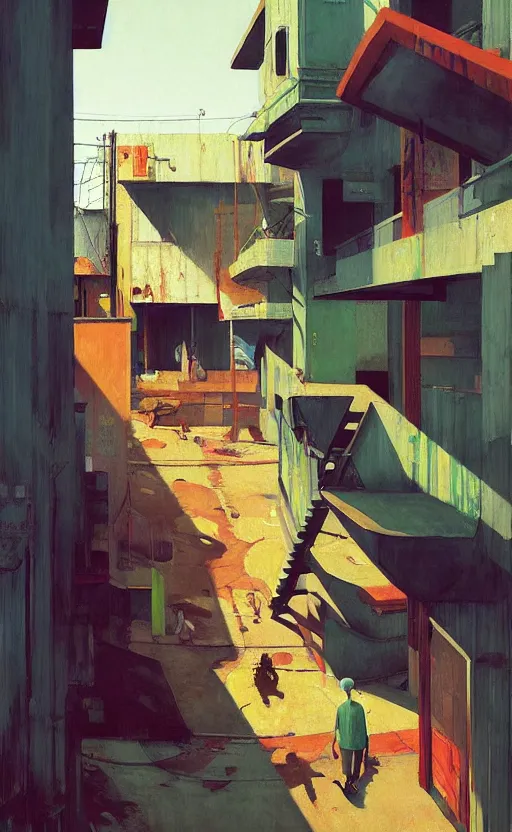 Image similar to Inside a Favela, very coherent, painted by Edward Hopper, Wayne Barlowe, painted by James Gilleard, airbrush, art by JamesJean