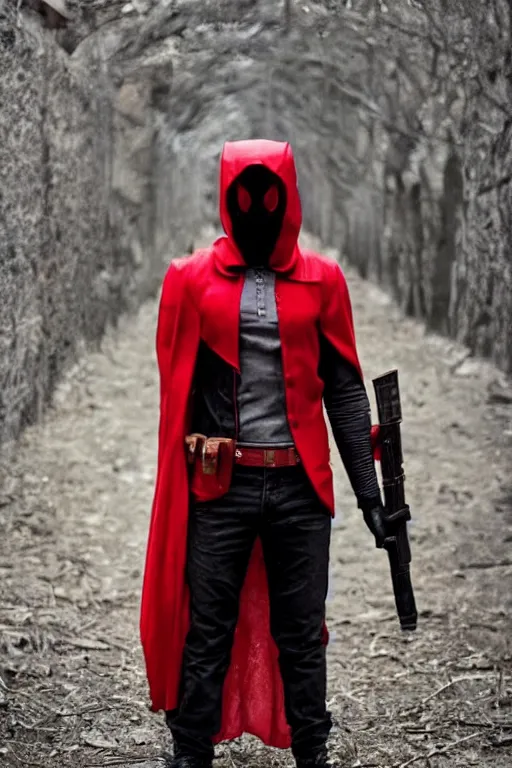 Image similar to red hood cosplay, creepy, disturbing