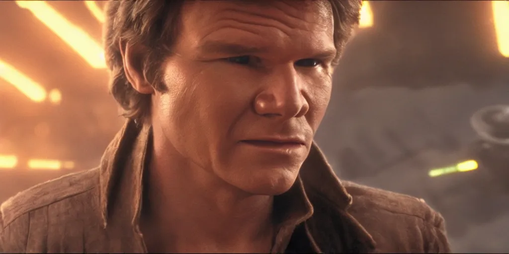 Prompt: han solo played by harrison fords face 1 9 8 3, motion blur runs through massive battlefront, mcu style, explosions, fire, real life, spotted, ultra realistic face, 4 k, movie still, uhd, sharp, detailed, cinematic, render, modern, accurate photo real face