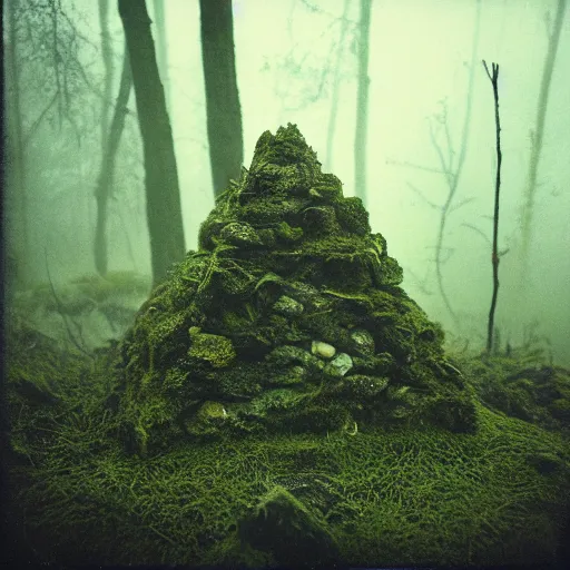 Image similar to a mossy rock pyramid in the middle of a forest clearing, foggy, eerie, creepy, unsettling, lost footage, old polaroid, expired film,