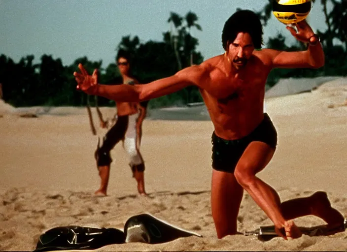 Image similar to film still of Keanu Reeves as Maverick playing beach volleyball in Top Gun 1986