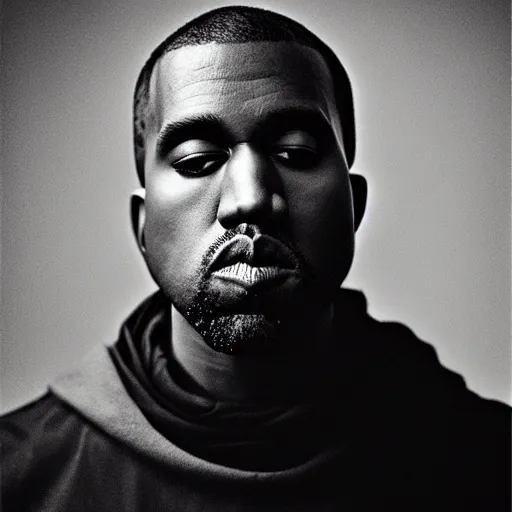 Image similar to a chiaroscuro lighting portrait of kanye west dressed as rick owens, black background, portrait by julia margaret cameron, shallow depth of field, 8 0 mm, f 1. 8