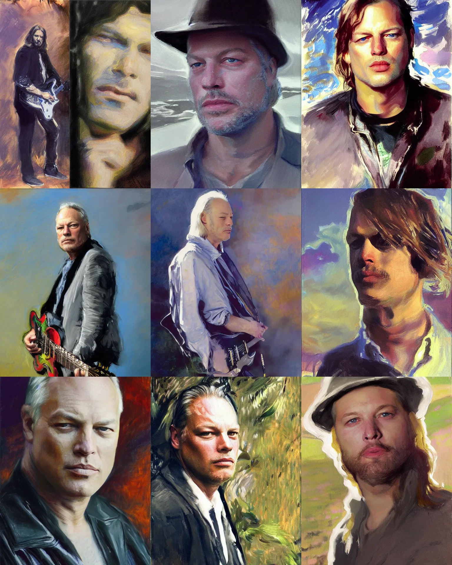 Prompt: david gilmour age 3 0, plein air portrait painting by john singer sargent, craig mullens, donato giancola, fashion photography, background psychedelic