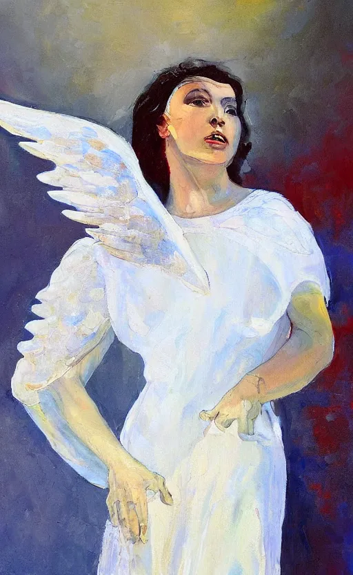 Image similar to painting artemov leonid, an opera singer in a white dress with wings on stage