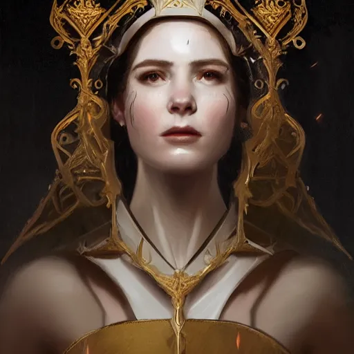 Image similar to portrait of a fantasy tall woman with black hair pale skin and a crown on her head, intricate baroque armour, glowing aura, trending on artstation, 4 k, greg rutkowski, concept art, matte painting,