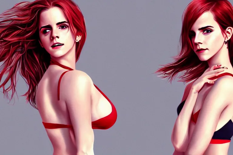 Image similar to Red-haired beauty Emma Watson in a bikini, full body, full height , highly detailed, mid-shot ,pixiv , digital painting , concept art