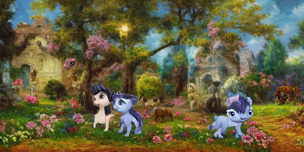 Image similar to 3 d littlest pet shop horse, spooky, graves, stars, crypt, flowers, storm, blues, greens, teals, master painter and art style of noel coypel, art of emile eisman - semenowsky, art of edouard bisson