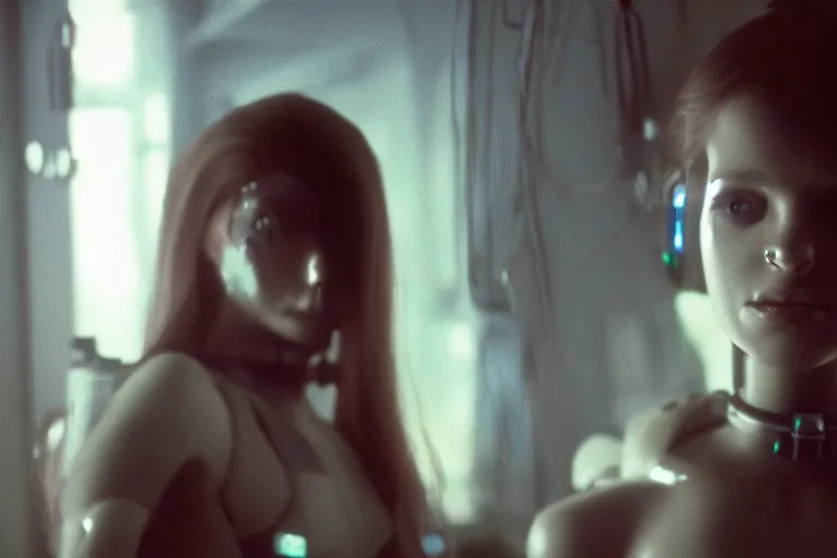 Image similar to cinematography closeup portrait of a cyborg girl in a cyberpunk apartment by Ridley Scott