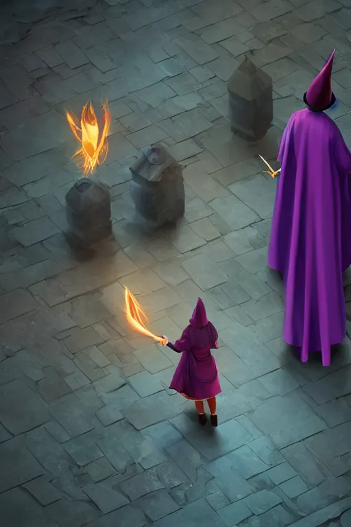 Image similar to short woman in prudish purple wizards apprentice robes with pointy hat at a crowded magical university, a flaming magical red flame hummingbird pet, full body shot unreal engine hyperreallistic render 8k character masterpiece digital art, cell shader shading, raytracing, comic art, manga, trending on Artstation, CGSociety