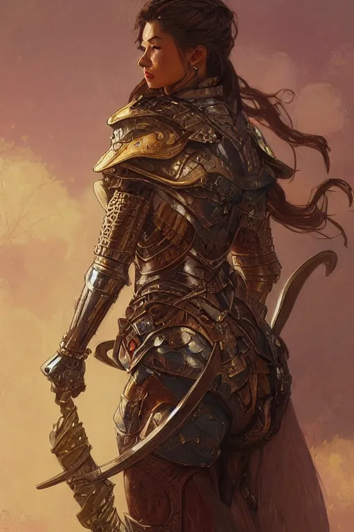 Prompt: portrait of a beautiful mysterious woman warrior wearing an armour costume, profile view, hidden hands, wearing helmet, fantasy, regal, intricate, by stanley artgerm lau, greg rutkowski, thomas kinkade, alphonse mucha, loish, norman rockwell