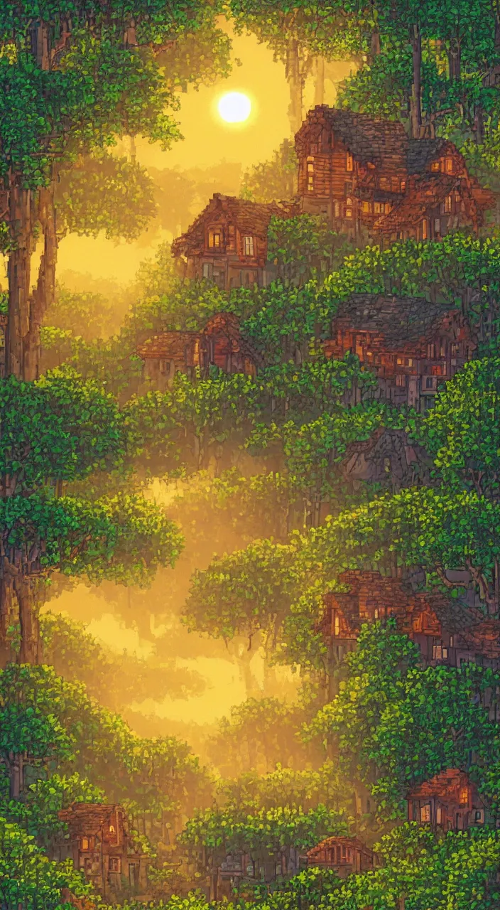 Image similar to a dreamy sunset in the big forest with houses in pixelart style, highly detailed, illustration