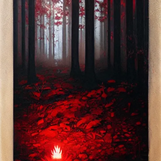 Image similar to A highly detailed oil painting of a blood red, crystal flower glowing bright red in the middle of a dark forest, by Greg Rutkowski.