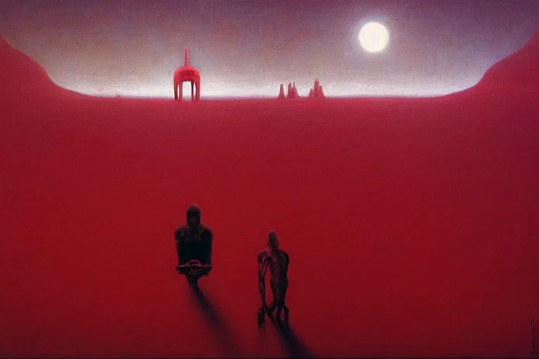 Image similar to only with red, a red god of death eat apple, a futuristic city on mars in background, floor are worms, in the style of beksinski, part by hopper, part by rodcenko, part by hofbauer, intricate composition, red by caravaggio, insanely quality, highly detailed, masterpiece, red light, artstation