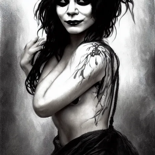 Image similar to beautiful portrait of vanessa hudgens as death from sandman, smiling, by cedric peyravernay, alphonse mucha, by jeremy mann, by lecouffe deharme, goth chic, soft lightning, eyeliner, punk rock, high detailed, 8 k