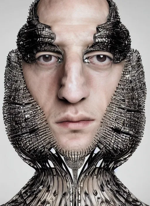 Prompt: a beautiful male dancer wearing iris van herpen couture, photographed by erwin olaf for vogue, symmetrical face