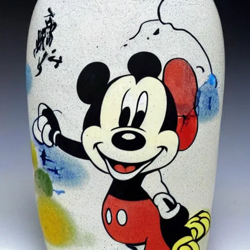 Prompt: vase work, vase art of Mickey Mouse in art style of chinese art, fragmented clay firing chinese vase with an Mickey Mouse, chinese art!!!!! chinese art