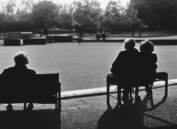 Prompt: a 2 8 mm macro photo from behind of an elderly couple sitting watching the city in silhouette in the 1 9 7 0 s, bokeh, canon 5 0 mm, cinematic lighting, dramatic, film, photography, golden hour, depth of field, award - winning, 3 5 mm film grain, low angle