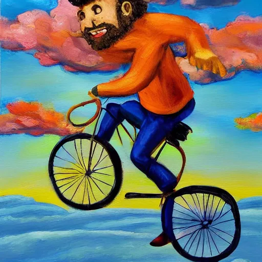 Image similar to A whimsical painting of a happy man flying in the sky on his bicycle in the clouds, action shot, subject is smiling, expressive oil painting, digital art