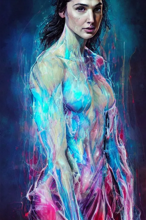 Image similar to gal gadot by agnes cecile enki bilal moebius, intricated details, 3 / 4 back view, full body portrait, extremely luminous bright design, pastel colours, drips, autumn lights