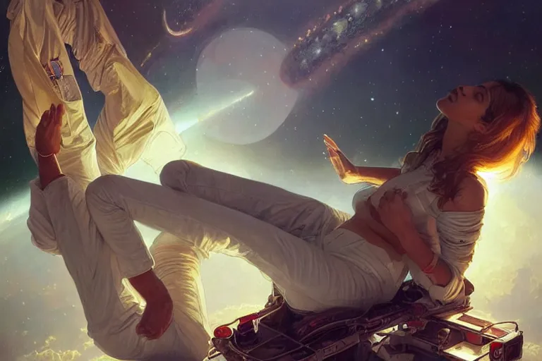 Image similar to Sensual good looking pale young Indian doctors wearing jeans in a space station above Earth, portrait, elegant, intricate, digital painting, artstation, concept art, smooth, sharp focus, illustration, art by artgerm and greg rutkowski and alphonse mucha