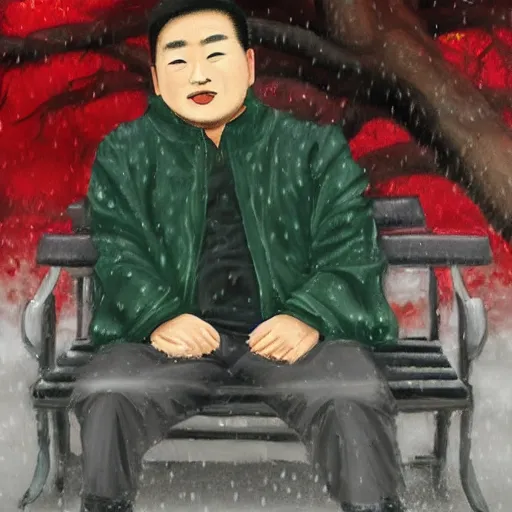 Prompt: A detailed portrait of Hu Tao from Genshin Impact sitting on a park bench in the rain.