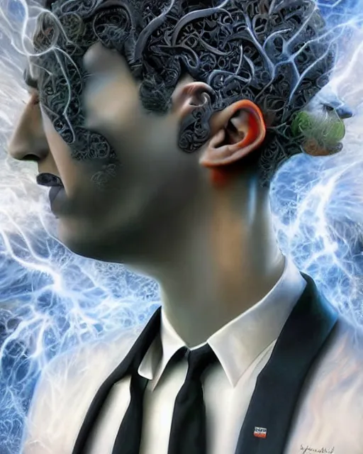 Image similar to surrealist portrait art in the styles of igor morski, jim warren, and manzel bowman, intricate, hyperrealistic, accurate facial details, profile picture with chromakey!!!!! background, volumetric lighting