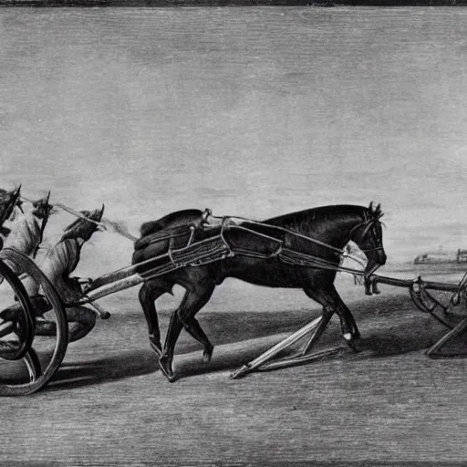 Image similar to a horse pulling a canon. the canon is harnessed to the horse and towed. the canon has a long barrel