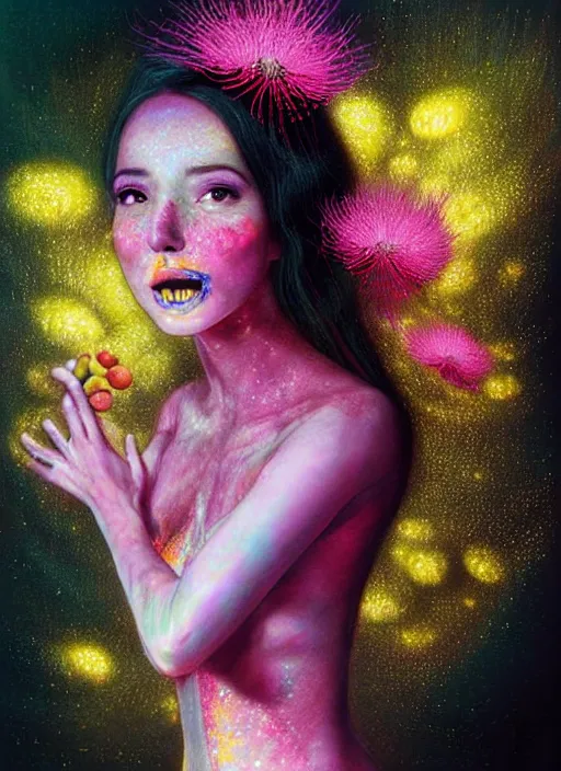 Prompt: hyper detailed 3d render like a chiariscuro Oil painting with focal blur - Aurora (Singer) looking adorable and seen in dynamic pose joyfully Eating of the Strangling network of yellowcake aerochrome and milky Fruit and Her delicate Hands hold of gossamer polyp blossoms bring iridescent fungal flowers whose spores black the foolish stars to her smirking mouth by Jacek Yerka, Mariusz Lewandowski, Houdini algorithmic generative render, Abstract brush strokes, Masterpiece, Edward Hopper and James Gilleard, Zdzislaw Beksinski, Mark Ryden, Wolfgang Lettl, hints of Yayoi Kasuma, octane render, 8k